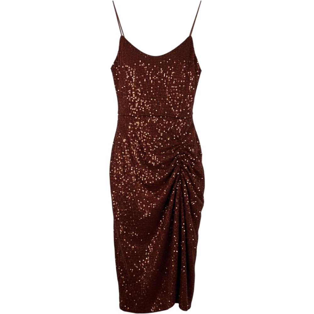 SHEIN Sequin Midi Dress Womens Size S Rust Orange Formal Party Draped Sparkly